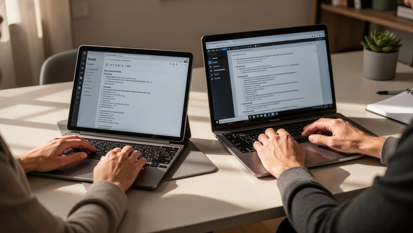 Photorealistic scene of a refurbished iPad 10 and MacBook placed side by side on a home work desk, both in use for studying, featuring natural light, neutral colors, and focus on the devices' realistic condition with no visible screen text or people.