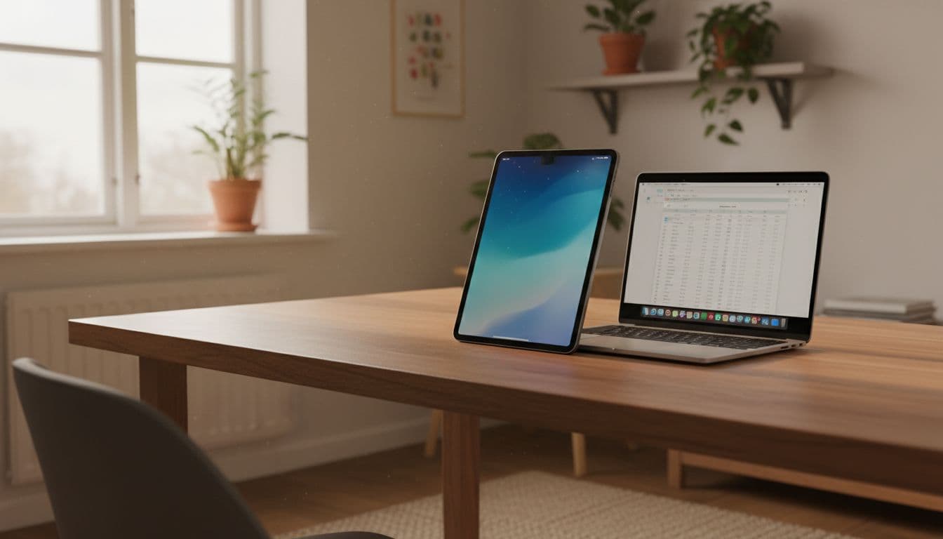 Photorealistic image of a refurbished iPad Air 5 leaning against a MacBook on a simple wooden table in a cozy Danish home office, bathed in soft morning light from the window with realistic details and discreet Nordic style.