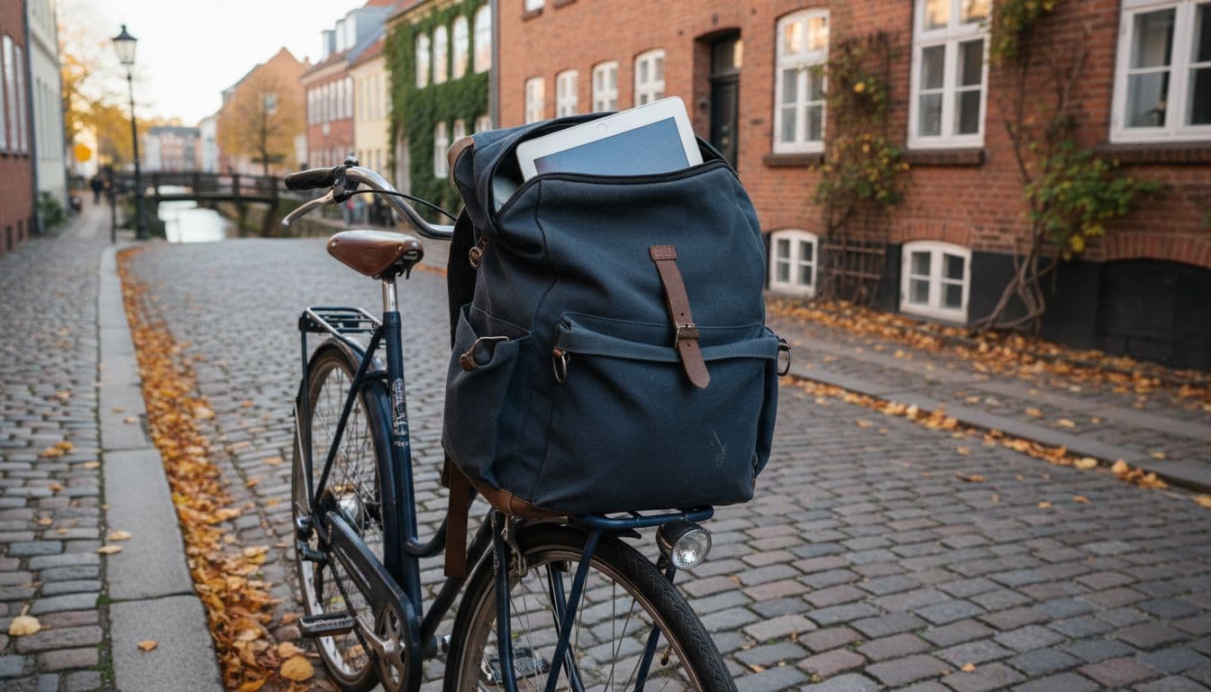 Photorealistic image of a refurbished iPad Air in a backpack on a bicycle in a Danish city street, natural autumn light, realistic proportions, no people, text, or logos visible.