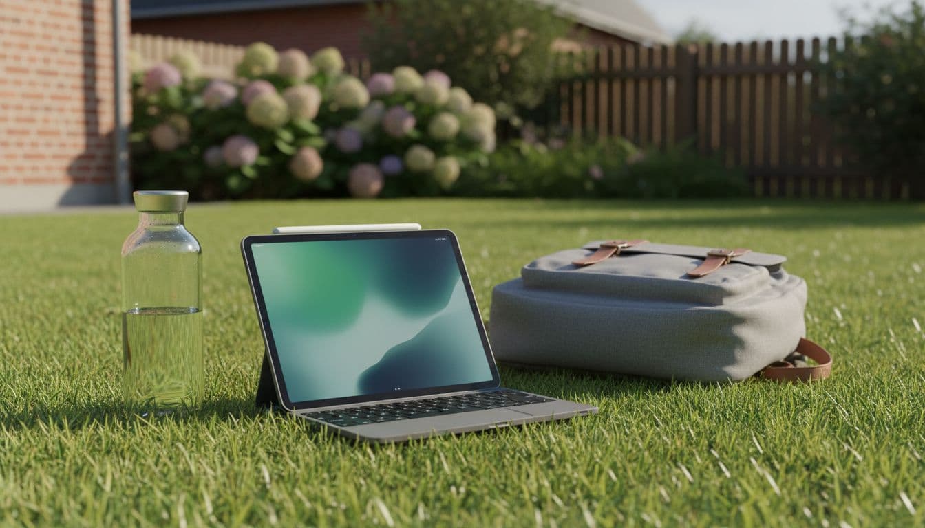 Photorealistic image of a refurbished iPad Air 5 on a green lawn in a Danish garden on a sunny afternoon, placed next to a water bottle and backpack, featuring soft natural light and discreet Nordic style.