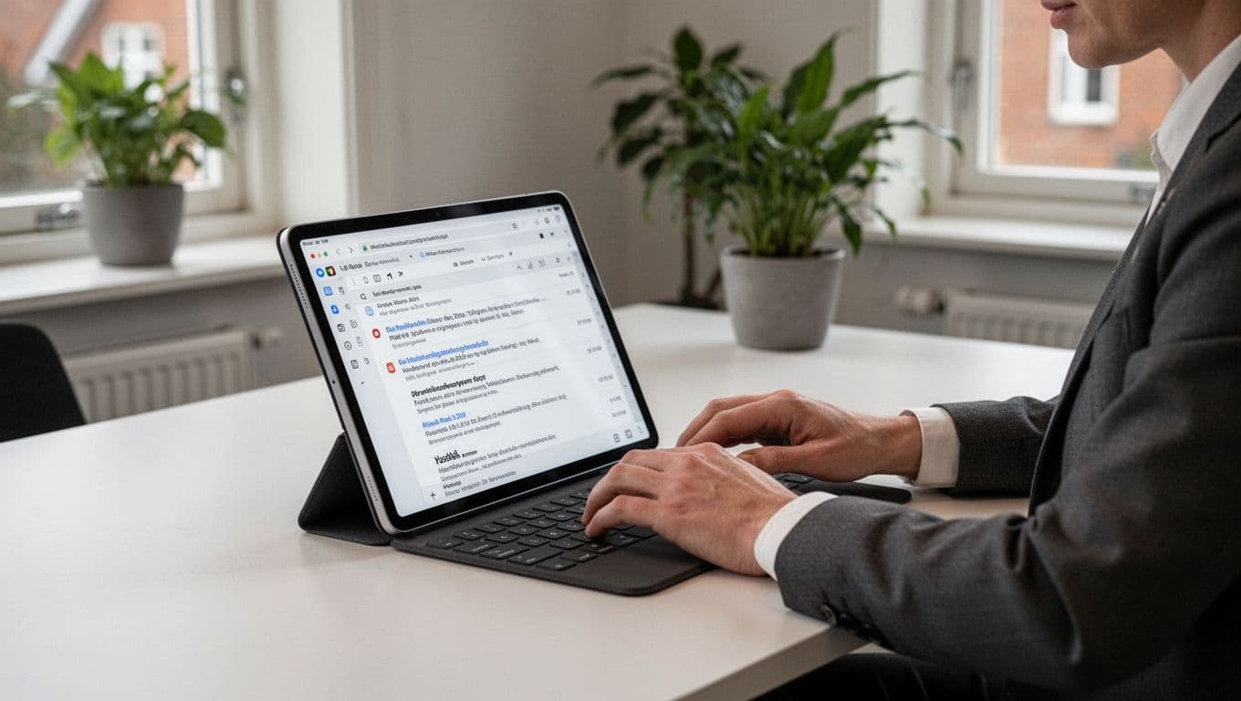 Person arbejder på en refurbished iPad med tastaturcover ved et neutralt hjemmekontor.