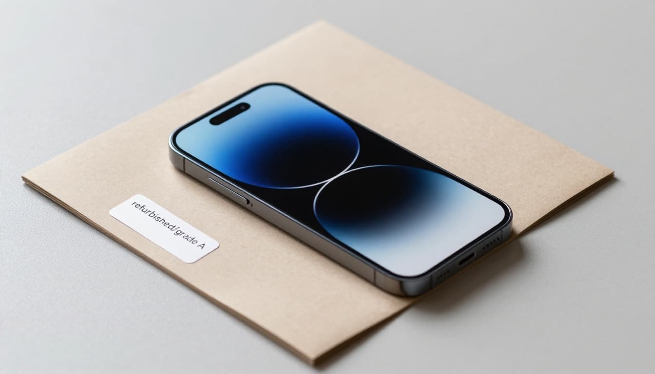 Photorealistic editorial smartphone photo of a refurbished iPhone 12 next to plain refurbished packaging and a 'refurbished/grade A' label in a clean minimal Scandinavian home setting with soft daylight and shallow depth of field.