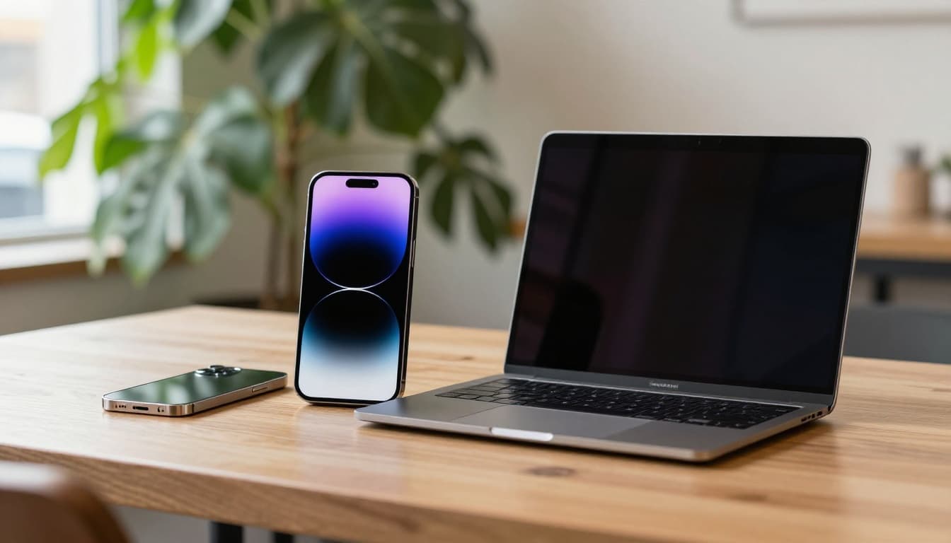 Photorealistic smartphone photo of refurbished iPhone 12 and MacBook side by side on a wooden desk in a bright Copenhagen cafe, with a plant nearby for an eco-friendly vibe, soft daylight and shallow depth of field.