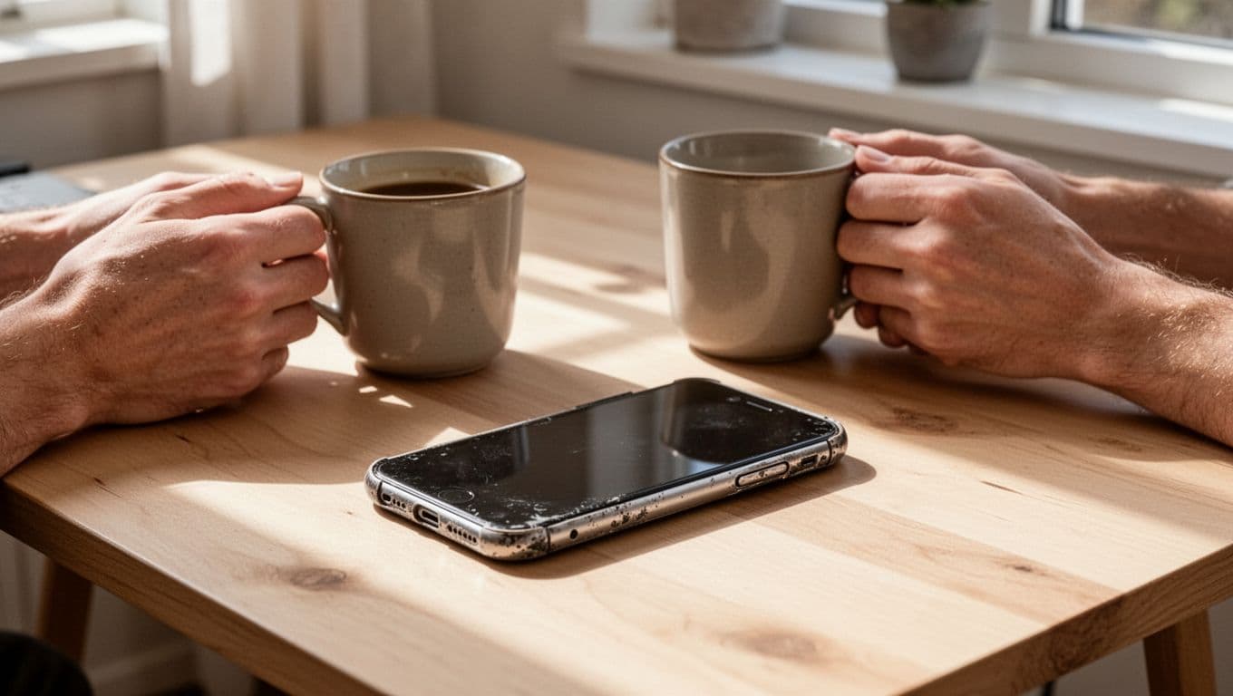Photorealistic image of a refurbished iPhone 12 Pro on a wooden table in a cozy Danish home office, natural daylight, light wear on frame and glass, hands holding coffee nearby, showcasing everyday durability.