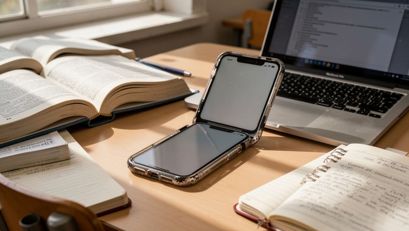 Photorealistic lifestyle image of a refurbished iPhone 12 Pro open next to a MacBook on a student's desk with books and notes, under natural window light, showing light wear and seamless study compatibility.