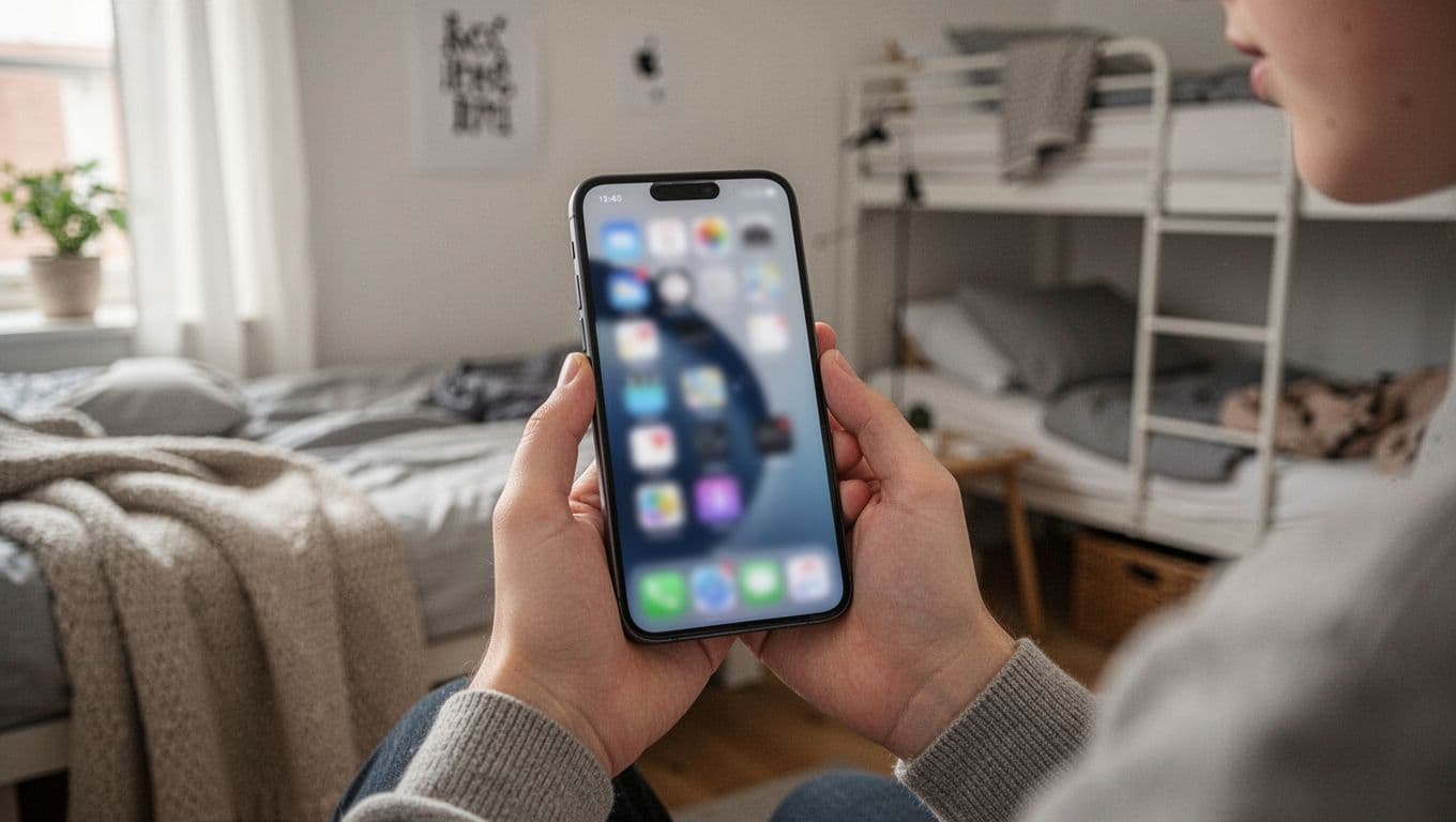 Photorealistic editorial photo of a young person holding a like-new refurbished iPhone 12 with both hands in a cozy Danish student dorm, screen blurred during app use, minimal Scandinavian style with soft natural light.