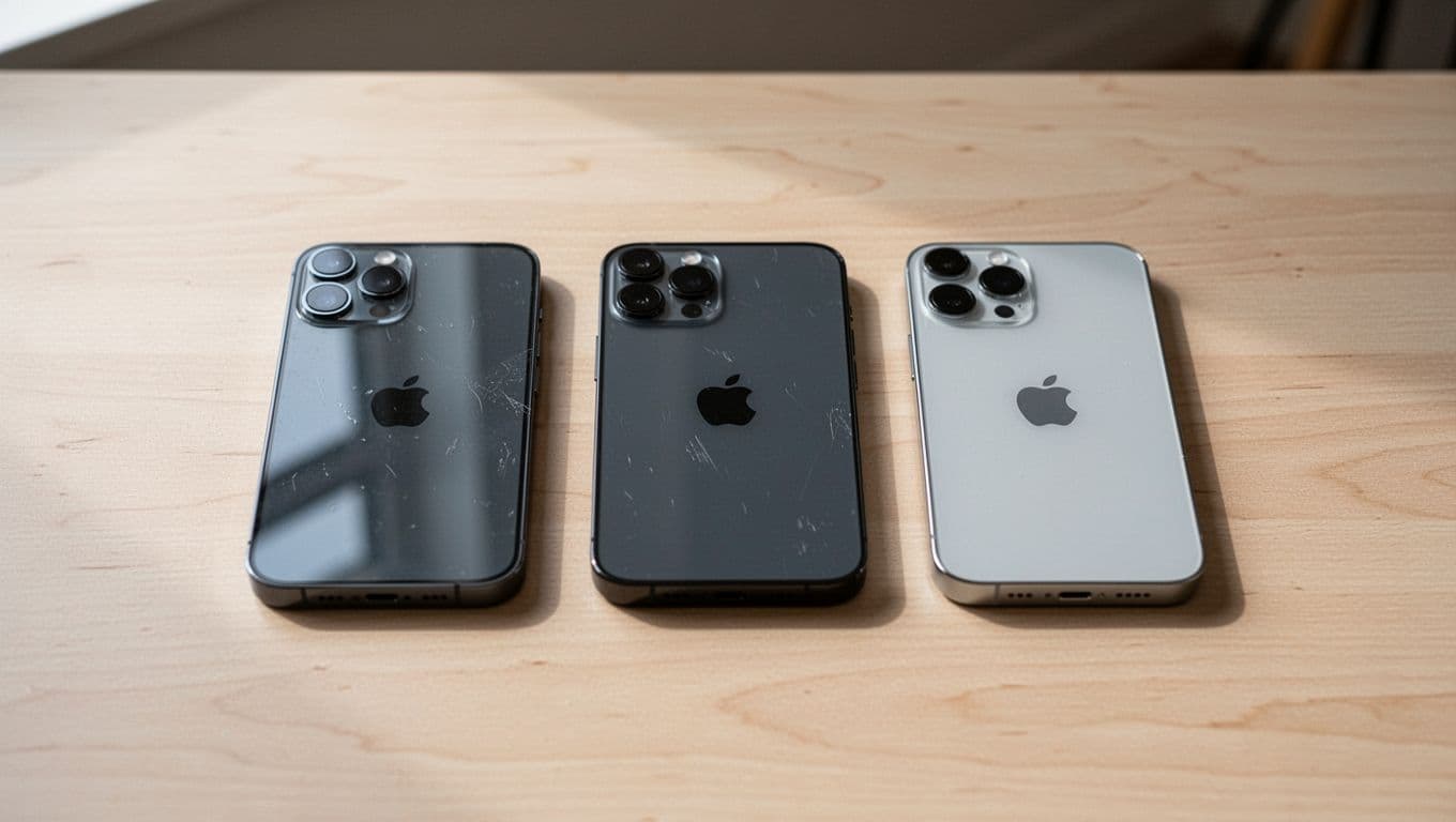 Photorealistic natural product photo of refurbished iPhone 13, iPhone 14, and iPhone 15 side by side on a light wooden table, with screens off and subtle differences in camera modules under neutral daylight.
