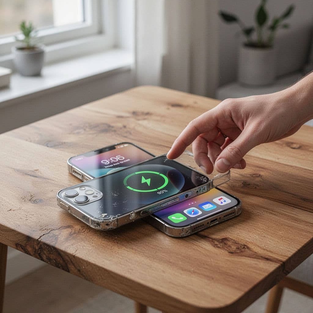 Photorealistic image of a refurbished iPhone 13 on a wooden table in a bright Nordic apartment, screen showing 90% battery icon and an app in use, with light wear marks and a hand gently reaching towards it.