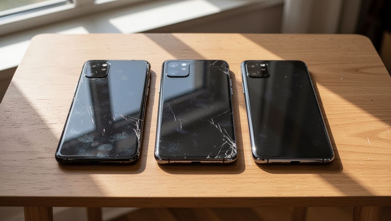 Photorealistic image of refurbished iPhone 13 Pro, iPhone 14, and iPhone 15 models side by side on a simple wooden table in natural daylight, featuring subtle used details like fine scratches and realistic lighting.
