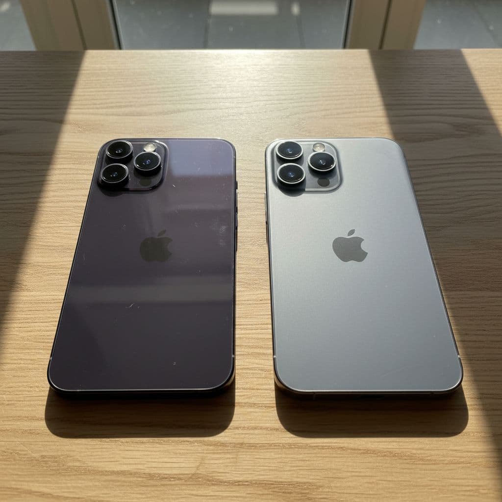 Two refurbished iPhone 14 Pro and 15 Pro handsets rest side-by-side on a clean oak wood desk.