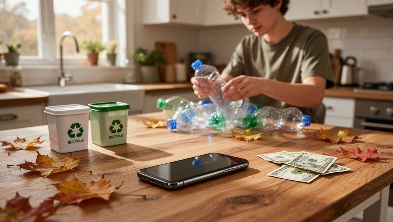 Photorealistic lifestyle image of a refurbished iPhone 14 Pro on a wooden table with recycling bins, leaves, and bills, emphasizing savings and environmental benefits. Young person sorts recycling in the background in a natural-lit home kitchen.