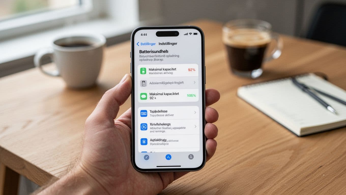 A photorealistic hand holds a neutral gray refurbished iPhone 15 showing 92% maximum battery capacity in the Settings app, set on a minimalist Scandinavian wooden desk with soft bokeh background.