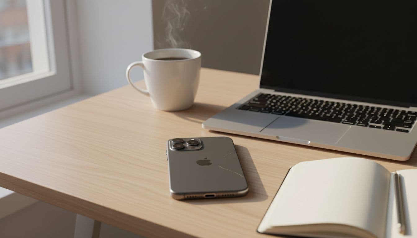 Photorealistic lifestyle image of a refurbished iPhone 15 on a desk next to a MacBook, coffee cup, and notebook, illuminated by soft afternoon light with realistic worn details in a Scandinavian style.