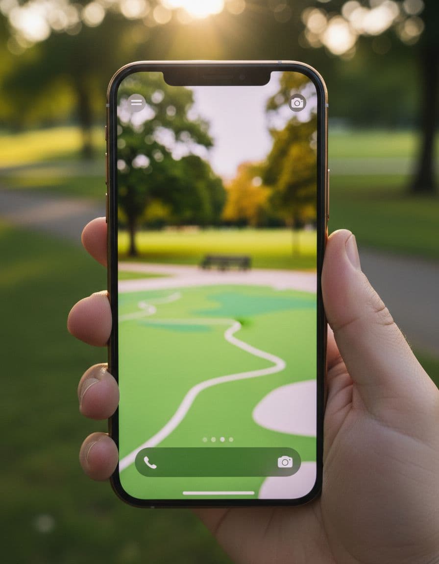 Close-up of refurbished iPhone 15 Plus screen showing app, held in hand in sunny park.