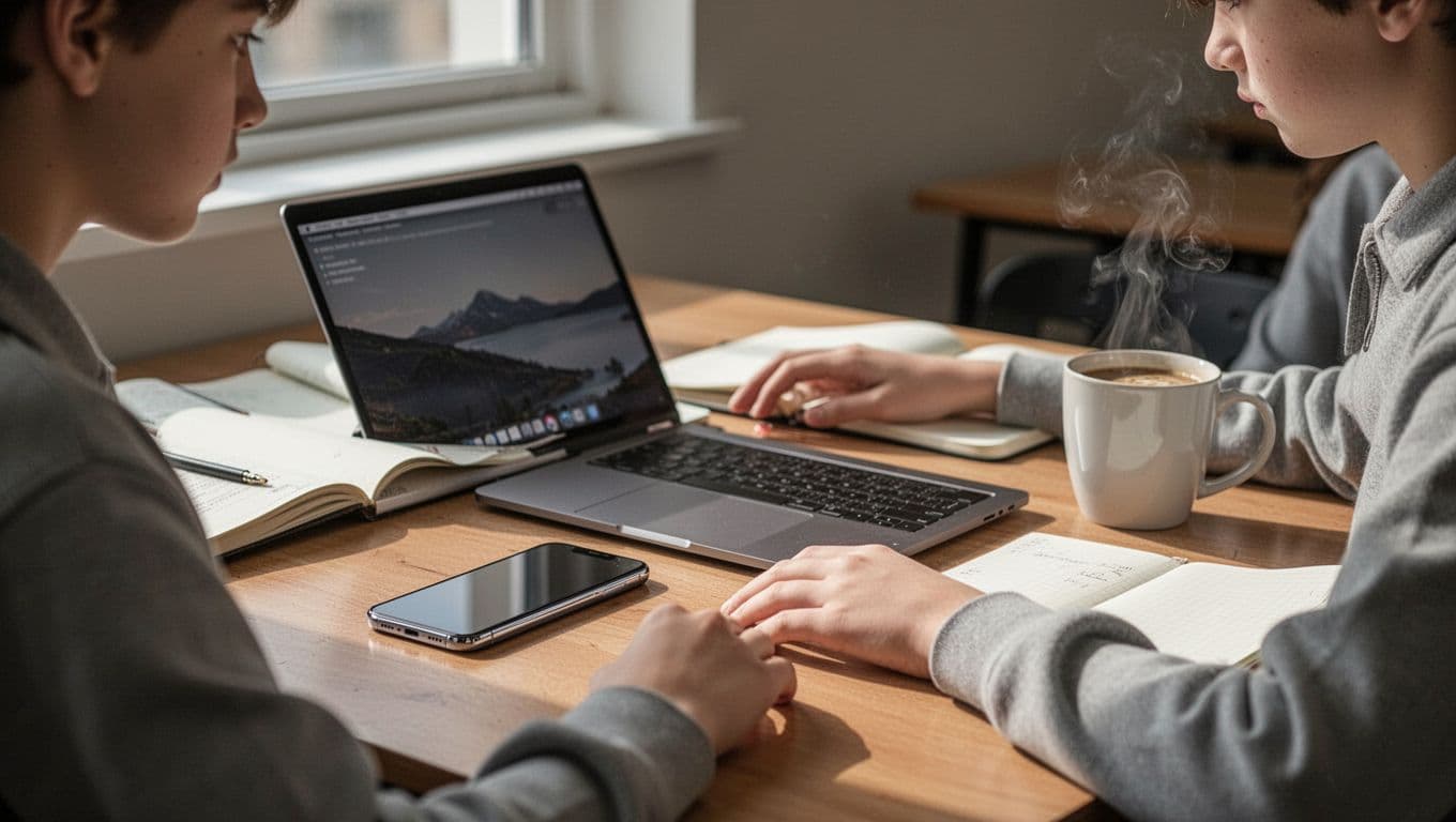 Photorealistic lifestyle image of a refurbished iPhone 15 Pro naturally placed on a student's desk next to a MacBook, notebooks, and coffee in a library-like room with soft natural daylight.