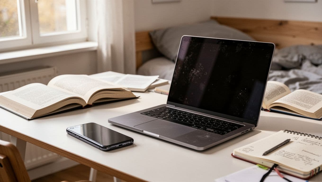 Photorealistic image of a refurbished iPhone 15 Pro Max placed next to a MacBook on a student's desk in a Danish room, bathed in soft natural light with minimal wear on both devices. Books and a notebook in the background create a realistic, premium student setup showing perfect compatibility.