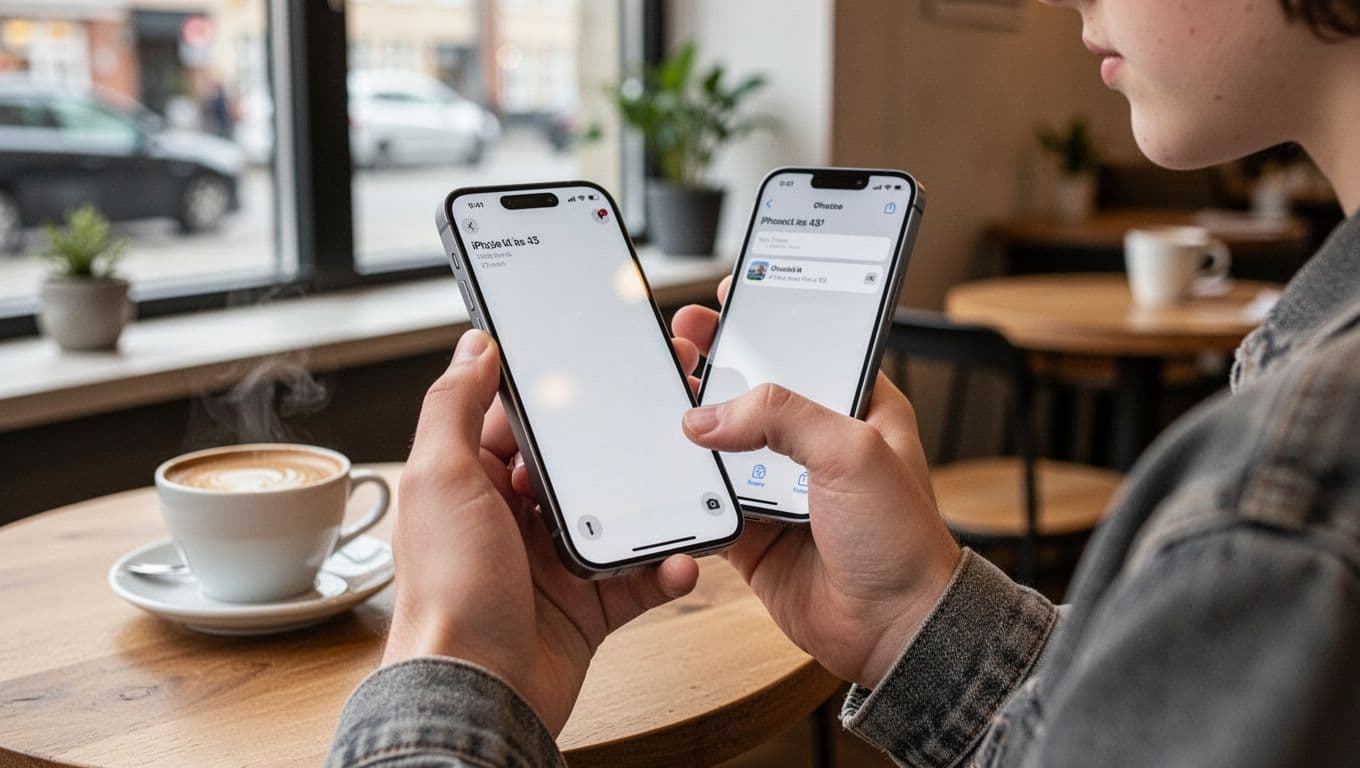 Photorealistic image of a young person holding a refurbished iPhone 15 at a cafe, screen showing an open app under soft natural window light in Scandinavian modern style.