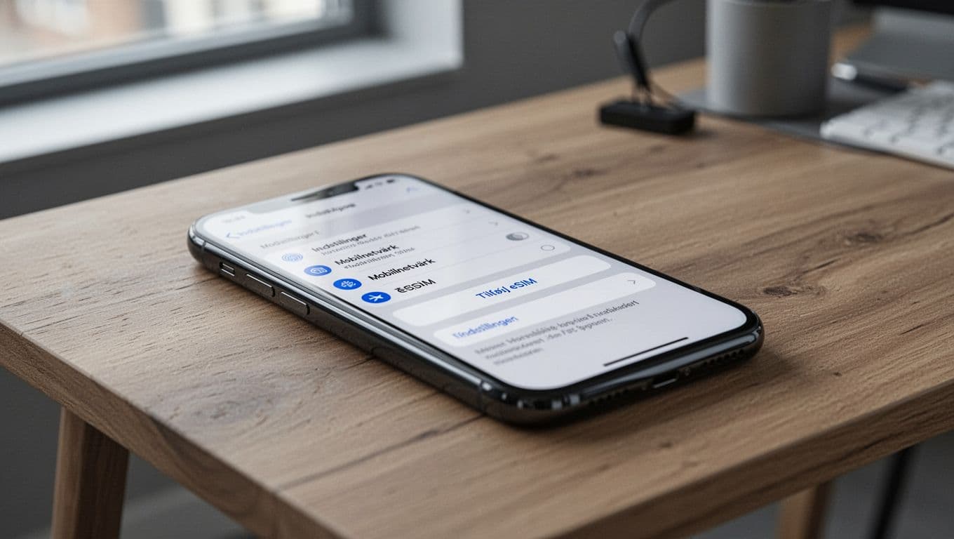 Photorealistic close-up of a refurbished iPhone XR or newer on a simple wooden table in a Scandinavian home office, screen displaying the generic iOS Mobile Network settings with visible 'Add eSIM' button, soft natural daylight.