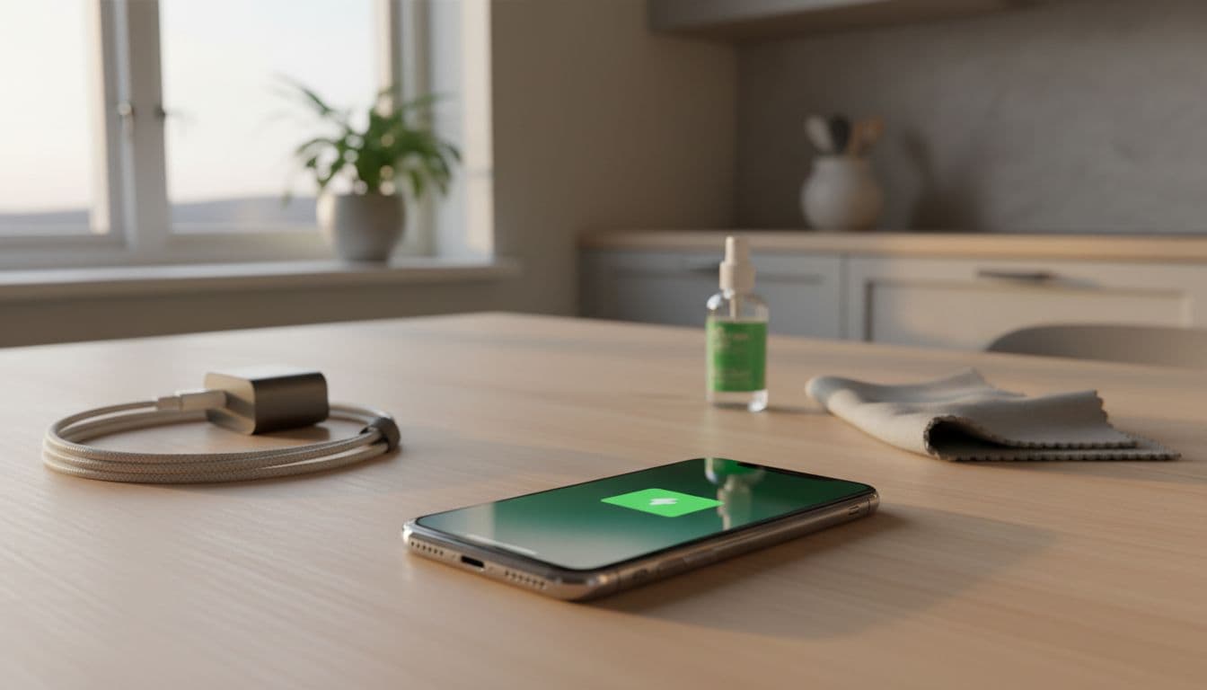 Photorealistic close-up side view of a refurbished iPhone displaying a healthy battery indicator on screen, placed on a table with maintenance tools like chargers and cloth in soft afternoon light of a Nordic kitchen.