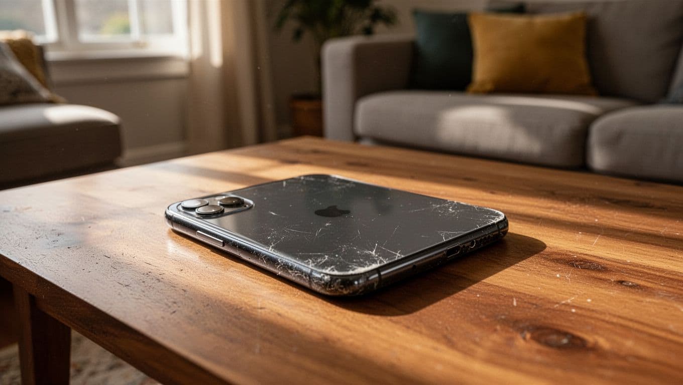 Photorealistic image of a refurbished iPhone with lightly visible signs of wear on a wooden table in a cozy living room, under soft natural light, focusing solely on the phone without hands, text, or logos.