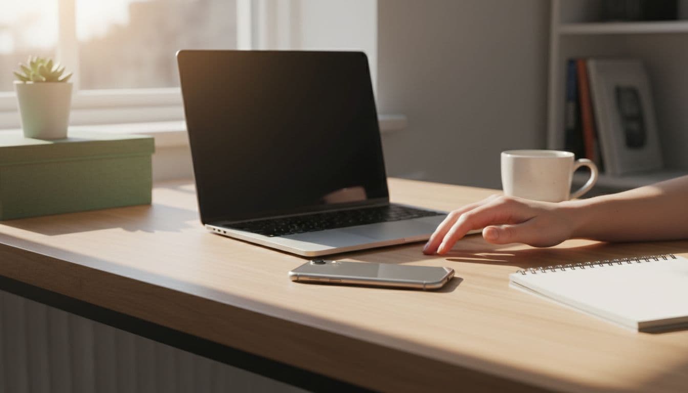 Photorealistic scene of a refurbished iPhone next to a MacBook on a wooden desk in a minimalist Nordic home office, with morning light, coffee cup, notebook, and relaxed hands nearby. Emphasizes compatible Apple devices in a daily student workspace for longer device lifespan.