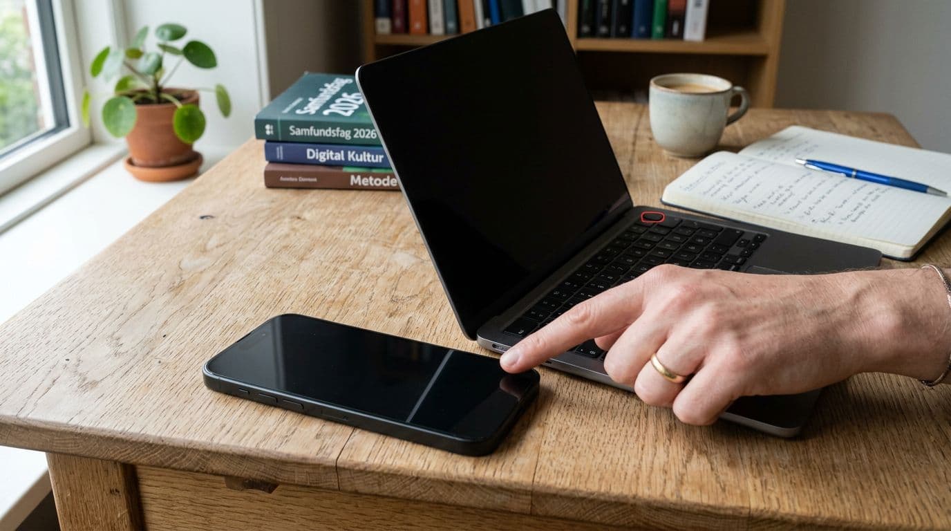 Photorealistic image in natural light showing a refurbished iPhone and MacBook side by side on a desk, with a hand pointing at the iPhone's notch and focus on the MacBook's Touch ID button, surrounded by study materials.