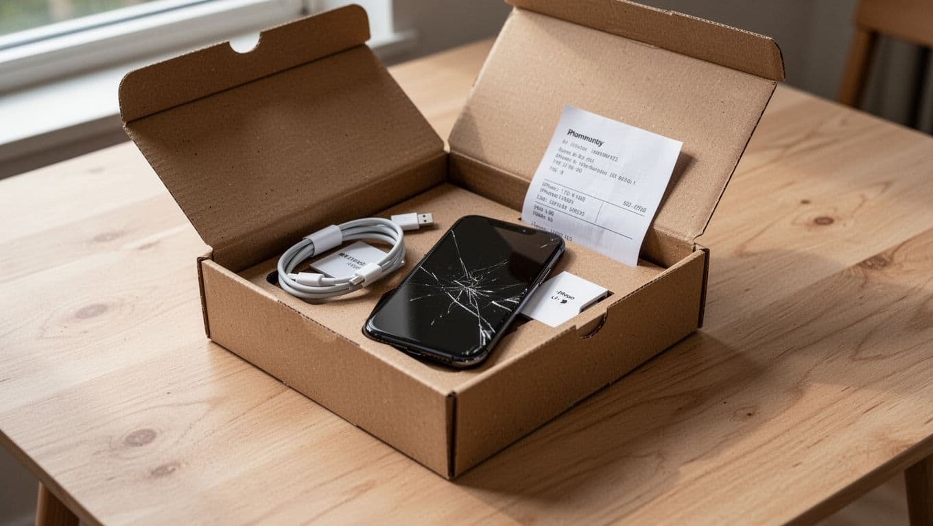 Photorealistic image of a simple brown refurbished box open on a light wooden table, containing a refurbished iPhone, generic cable, and plain receipt. Neutral daylight, soft shadows, realistic textures, Scandinavian minimalism.