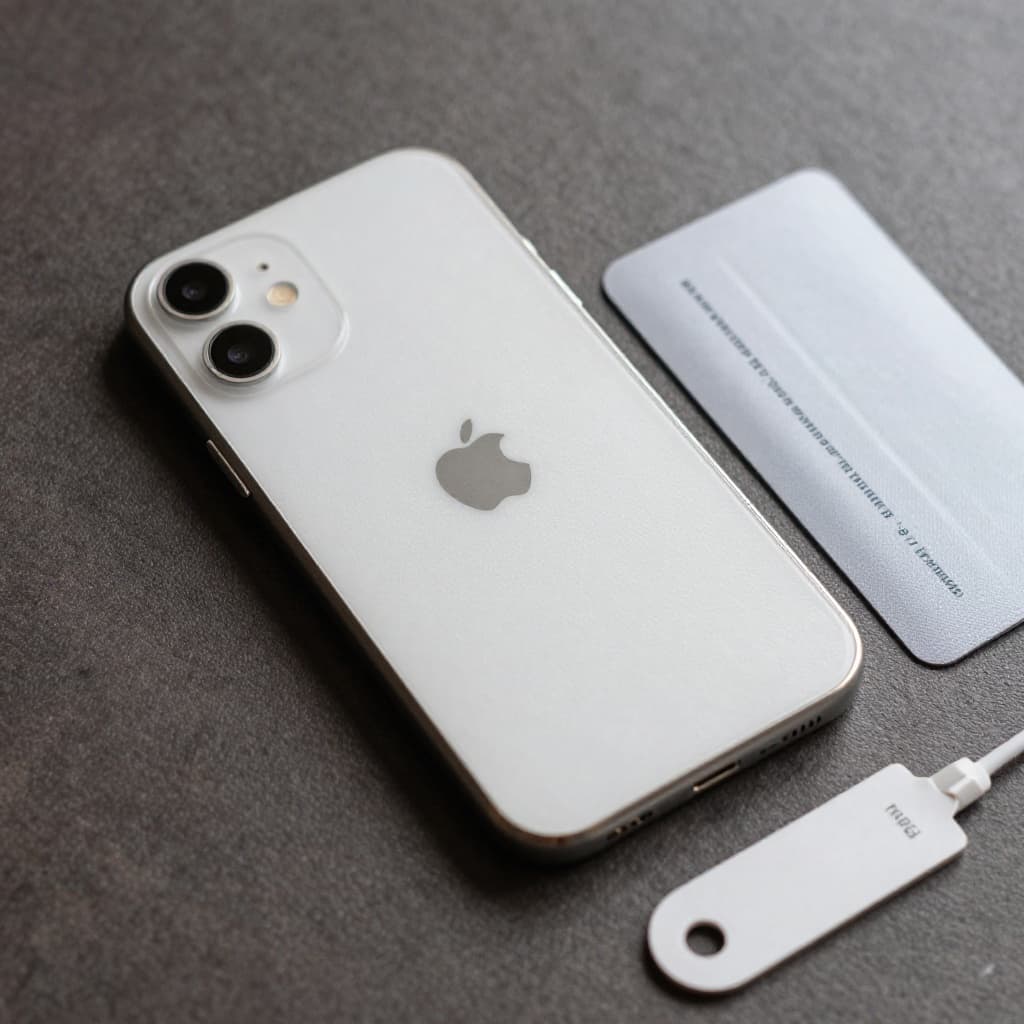 Photorealistic close-up in a Danish home with soft natural light shows a neutral white recycled paper box open on a wooden table, containing a refurbished iPhone, USB-C cable, SIM ejector pin, and folded warranty card. Realistic textures on paper and metal, high resolution, depth of field, smartphone-style photo without logos or readable text.