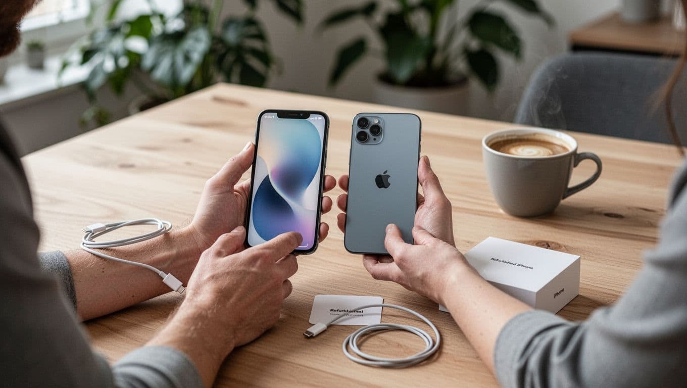 Photorealistic scene in a modern Scandinavian home showing hands positioning an old iPhone next to a refurbished iPhone on a light wooden table for Quick Start transfer, accompanied by a Lightning-to-USB-C cable, product box, and coffee cup in a calm, naturally lit environment with soft bokeh background.