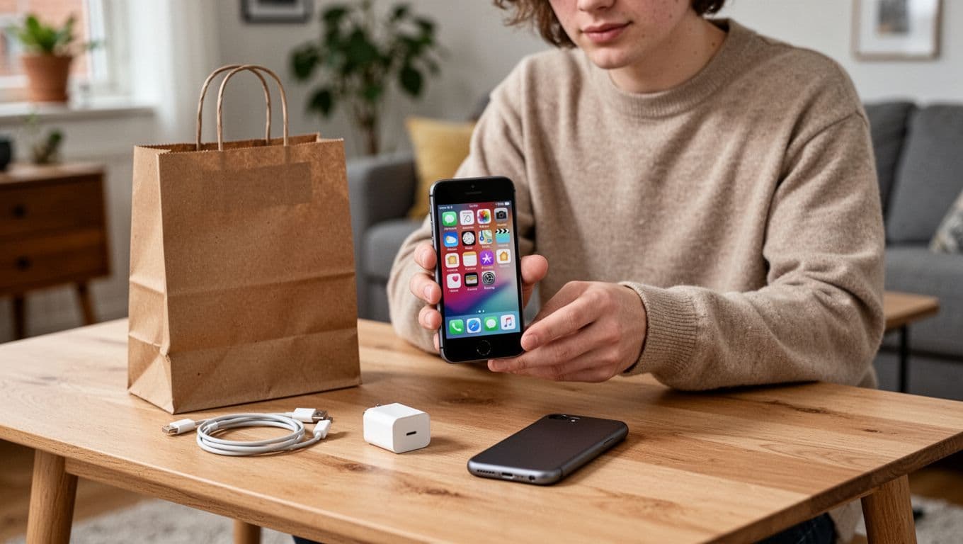 Photorealistic scene of a young person holding a refurbished iPhone SE with Home button over a light wooden table in a modern Danish living room, with a recycled paper bag, charger cable, and case nearby.