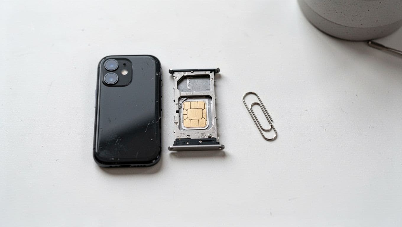 Photorealistic overhead image of a refurbished iPhone's SIM tray pulled out next to a small paperclip or SIM ejector needle on a white Scandinavian-style table, featuring realistic metal wear, soft daylight, neutral colors, and high detail in a minimalist composition.