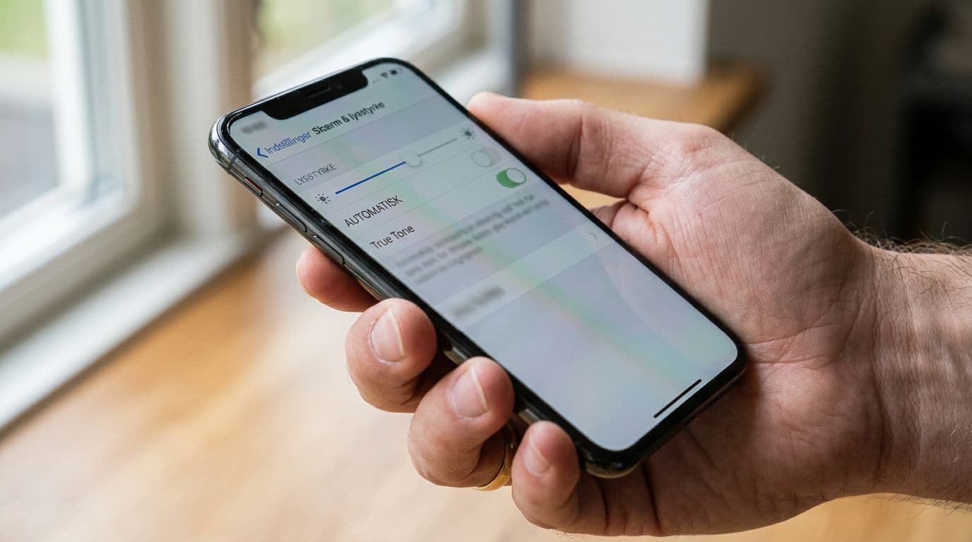 Close-up of a refurbished iPhone screen held in hand under natural light, showing iOS Display & Brightness settings with True Tone toggle visible but blurred.