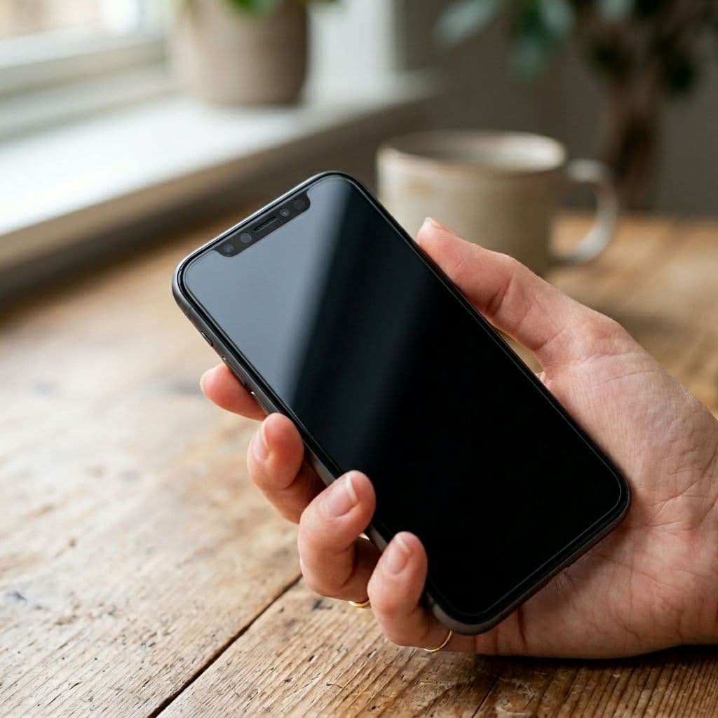 Photorealistic close-up of the front of a refurbished iPhone showcasing the TrueDepth camera notch, held naturally by a hand on a table with blurred background and soft side lighting.