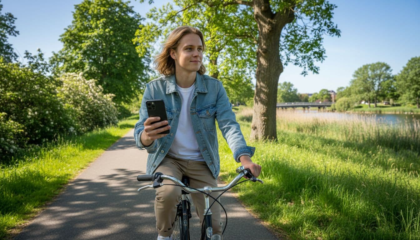 A young Danish person cycles leisurely on a bike path through a green park in Denmark on a sunny day, holding a black refurbished iPhone 14 loosely in their left hand, emphasizing sustainable and mobile lifestyle.