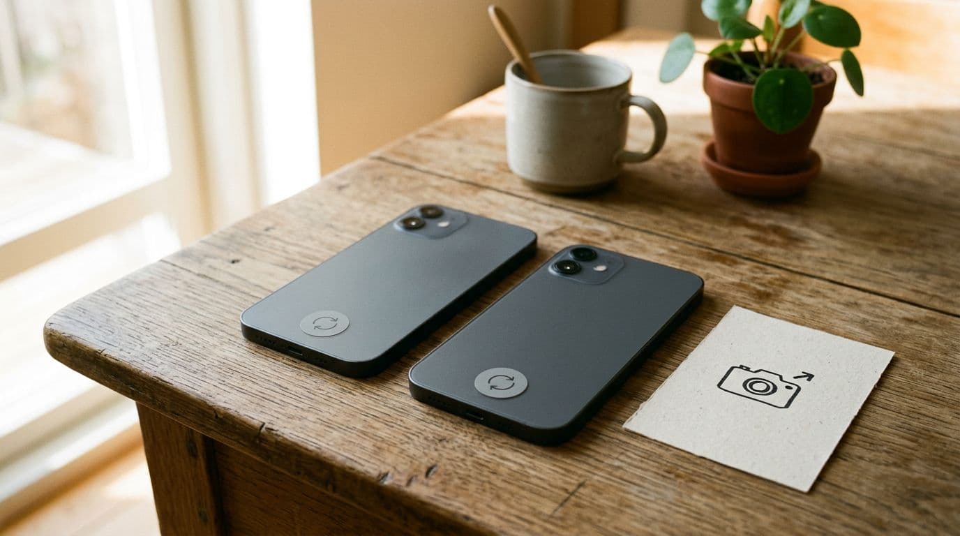 Two refurbished iPhones side by side on a wooden table with discreet refurbished symbols, a small camera icon, in clean Scandinavian style and warm window light.