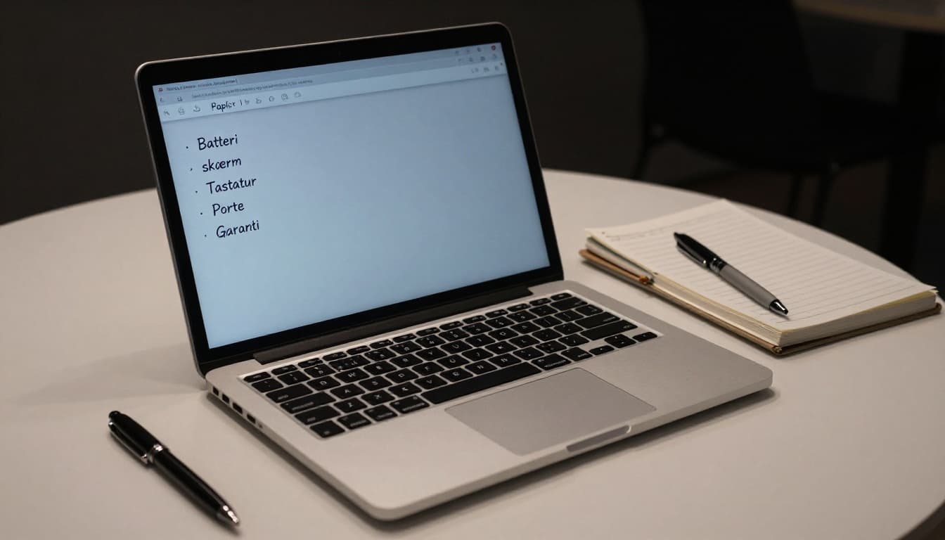 Photorealistic scene in soft daylight featuring an open refurbished laptop on a Scandinavian-style desk next to a small handwritten paper checklist with items: Battery, Screen, Keyboard, Ports, Warranty. Minimal signs of use, realistic materials, office supplies like pen and notebook, screen off, no logos or trademarks.