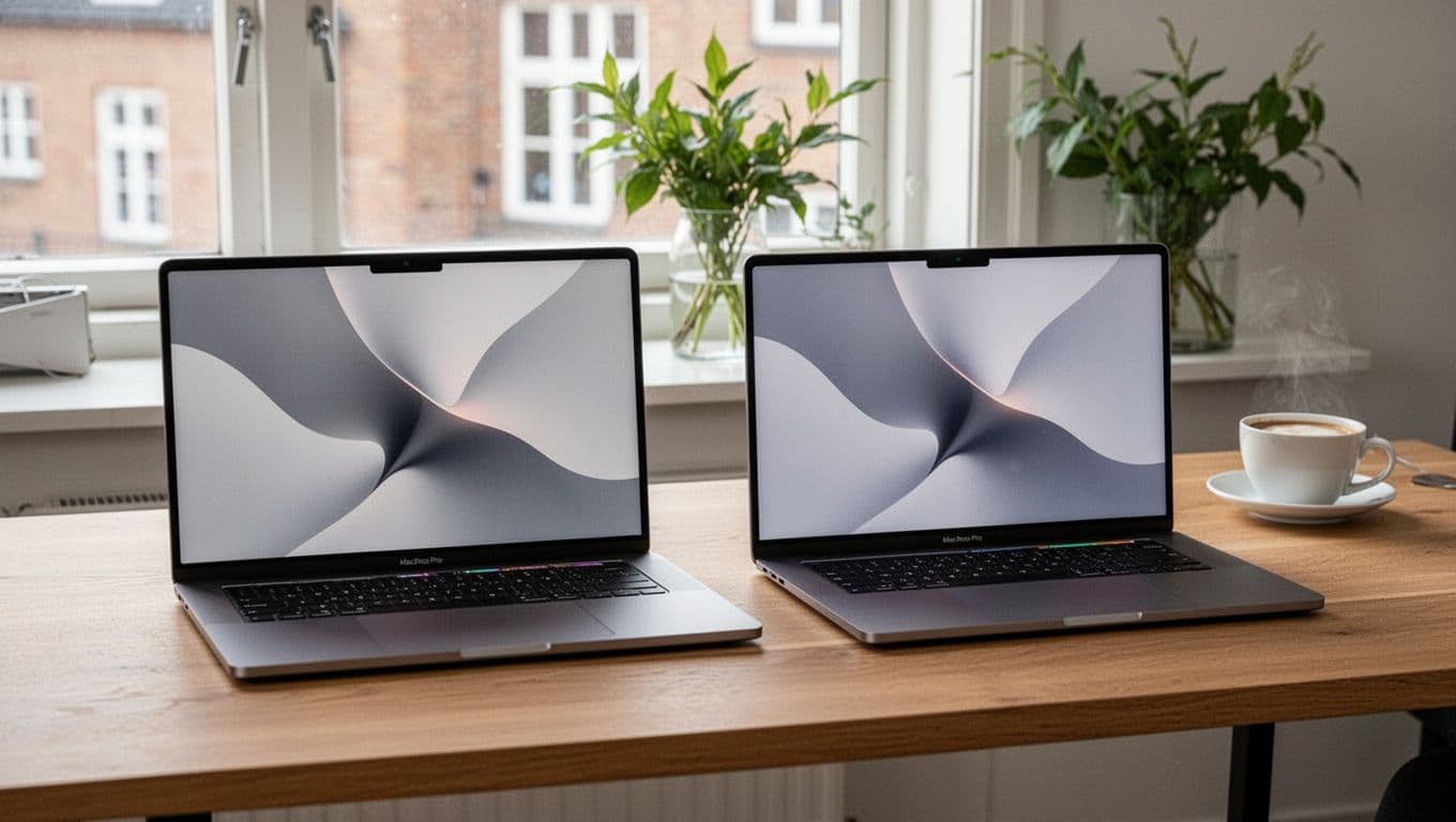 Photorealistic image of a refurbished Apple MacBook Pro 14-inch with M1 Pro chip next to a MacBook Pro 14-inch with M2 Pro chip on a clean wooden desk in a modern Danish home office, with neutral screen content, daylight window, plant, and coffee cup in the background.