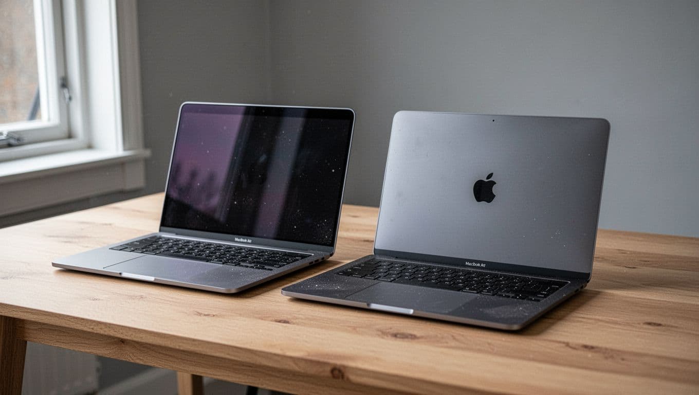 Photorealistic product photo of two refurbished 13-inch MacBook Air laptops—an M1 model from 2020 and an M2 from 2022—placed side by side on a light wooden table with soft daylight and neutral gray background.