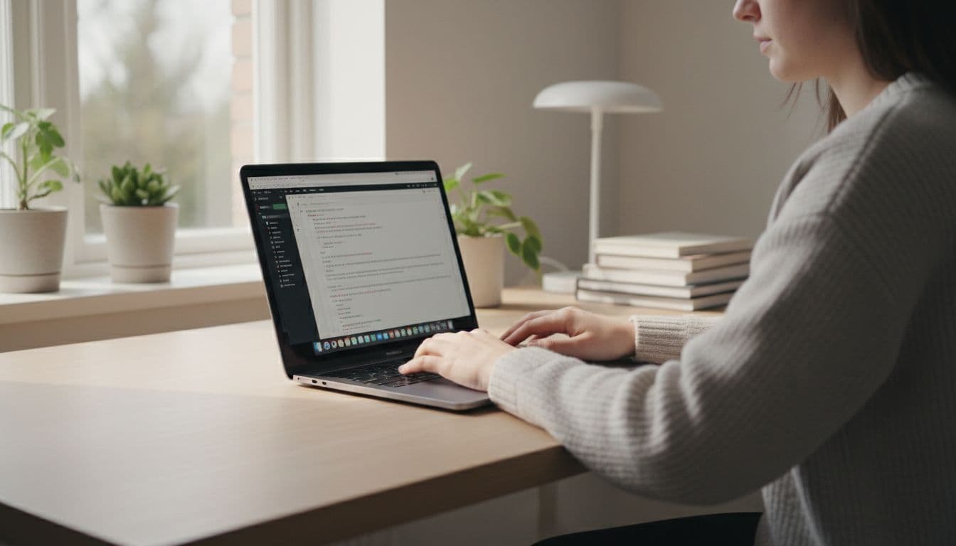 Open refurbished MacBook Air M1 with light wear on wooden table in minimalist Nordic office, young person working from side angle.