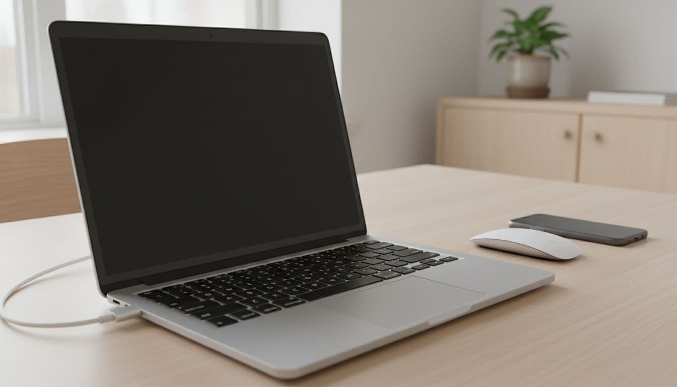 Close-up of powered-on refurbished MacBook Air 15 M2 on table with mouse and phone in minimalist Nordic room.