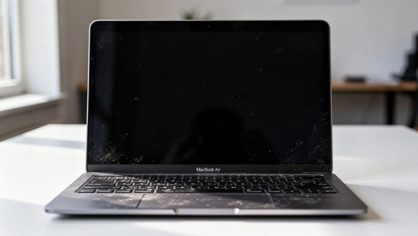 Photorealistic close-up product photo of the screen and keyboard on a refurbished 2022 MacBook Air M2 13-inch laptop, showcasing thin bezels, natural color reproduction, subtle wear and dust for an authentic used appearance, soft side daylight, and shallow depth of field focused on the screen center against a blurred generic background.