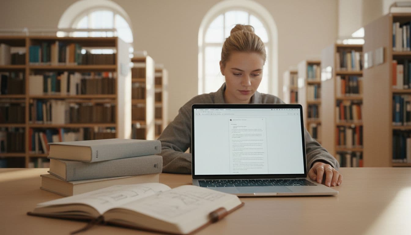 Young student at library table with open MacBook Air, notes in foreground, books nearby.