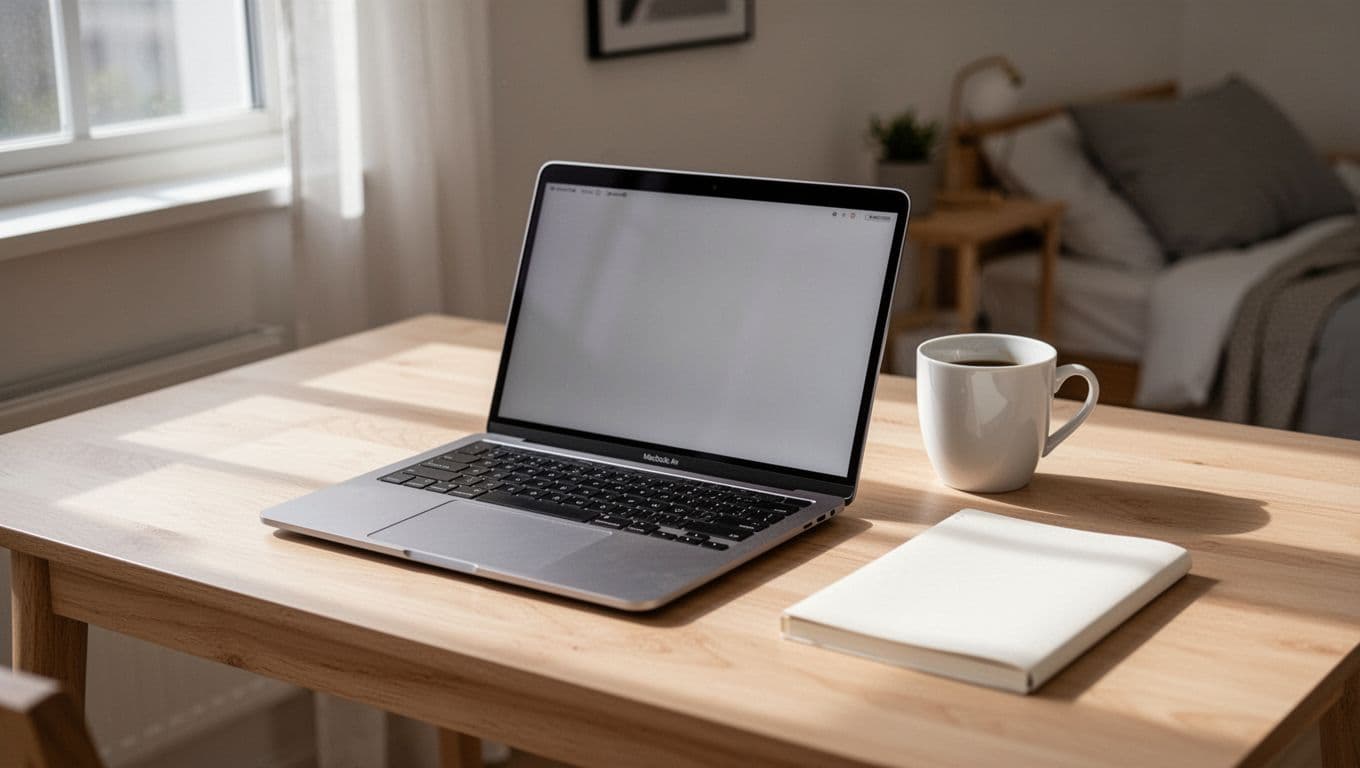 Refurbished MacBook Air 2020 on a wooden desk in a minimalist Nordic student apartment, open laptop slightly turned away next to a coffee cup and notebook under natural window light.