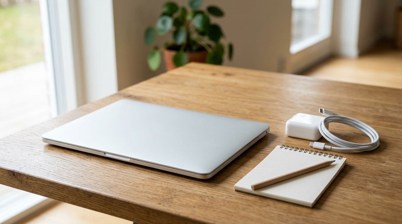 Refurbished MacBook Air på træbord med USB-C oplader, kabel og en notesblok uden tekst
