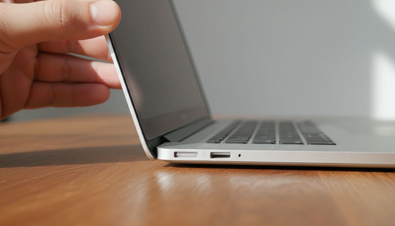Photorealistic close-up of a refurbished MacBook open at 120 degrees on a table in natural light, with a hand gently pressing the metal hinges to test for looseness and stability. The scene features light wear, soft daylight from a window, and no text, logos, or watermarks.
