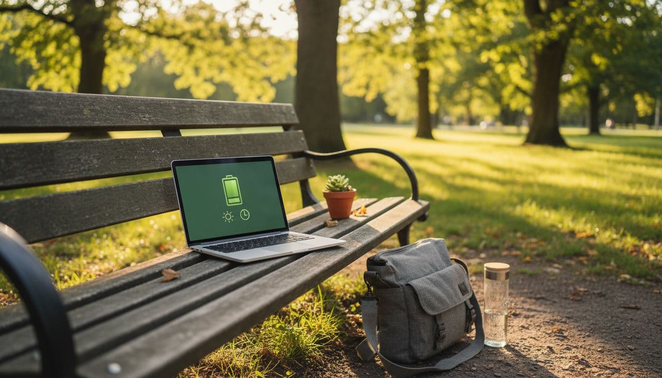 Open refurbished MacBook on wooden park bench in sunlight, with bag and water bottle nearby.