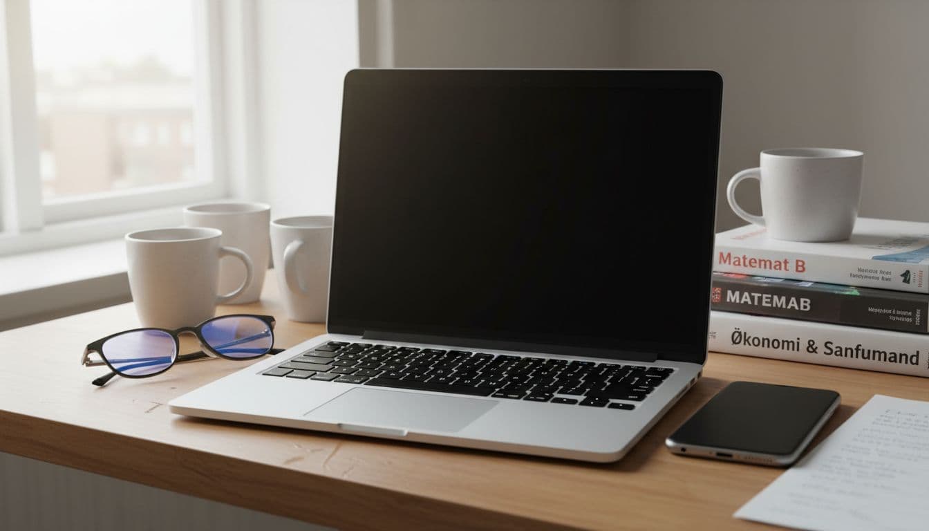 Photorealistic image of an open refurbished MacBook Pro on a student's desk with an iPhone beside it, screen showing solid black dead pixel test, soft daylight from window, Danish study scene with cups and books in background.