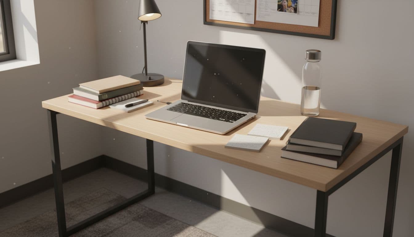 Photorealistic image of a refurbished MacBook Pro 13-inch M1 on a desk in a typical student room, surrounded by books, notes, a water bottle, and a lamp, bathed in natural afternoon sunlight from the window, viewed from a discreet overhead angle in a modern minimalist style without people, text, or logos.