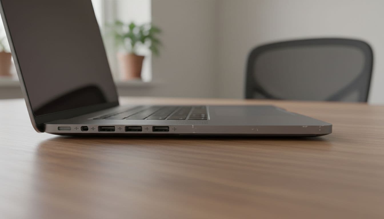 Photorealistic close-up of a refurbished MacBook Pro with visible USB-C Thunderbolt ports on the side, on a wooden desk in a home office under soft natural daylight, focused on ports for inspection.