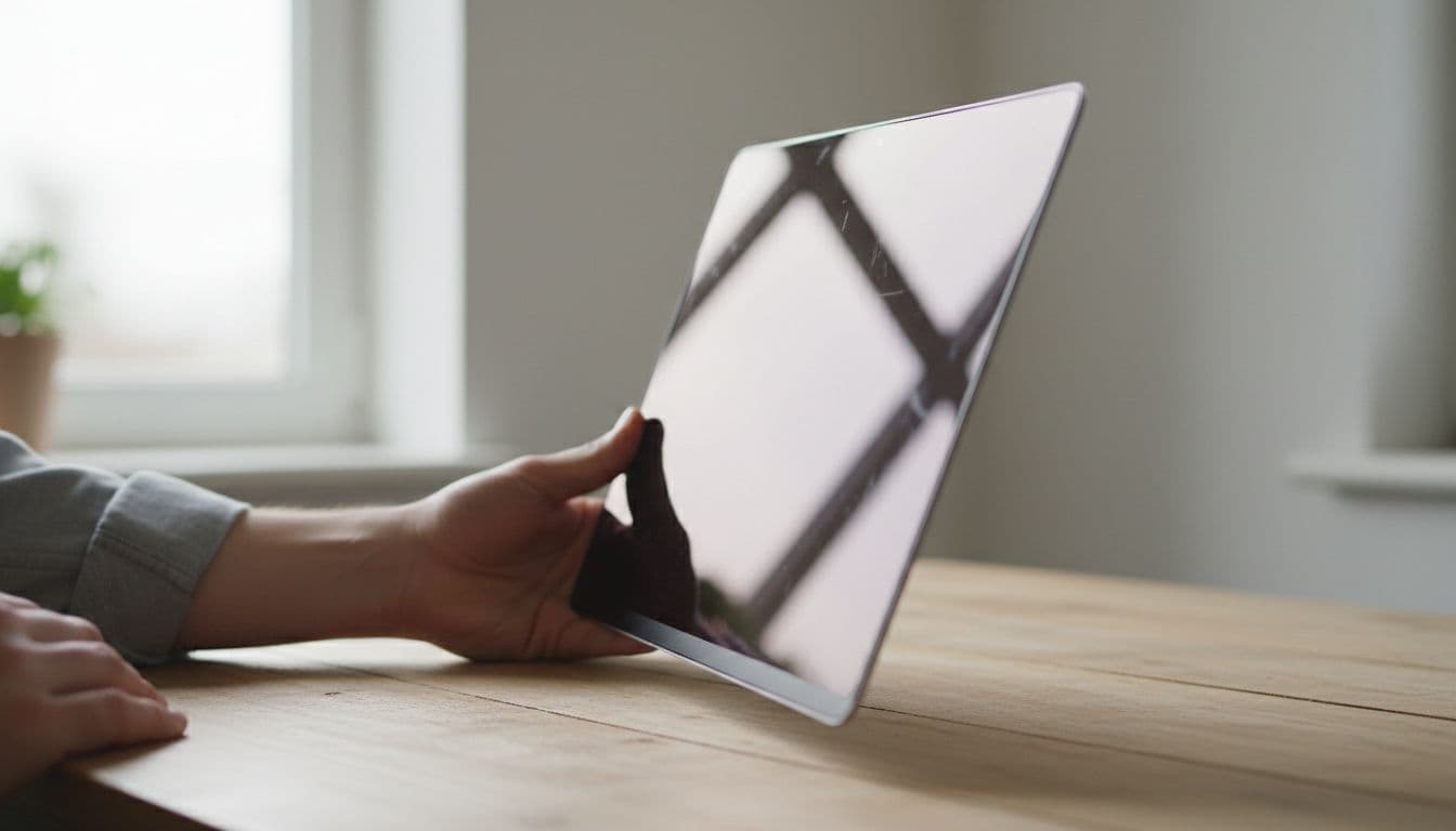 Photorealistic close-up side view of a refurbished MacBook screen on a wooden table in soft natural daylight, displaying fine light reflections and minor scratches, held open at 90 degrees by a hand.